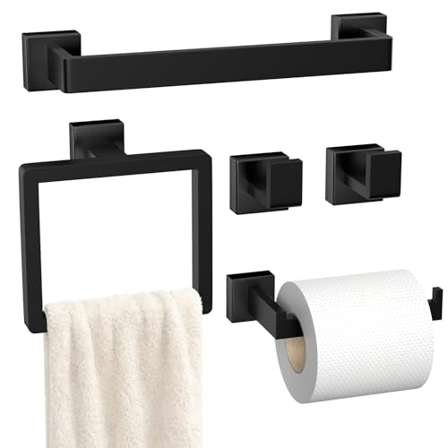 5-Pieces Matte Black Bathroom Accessories Set, 16 Inch Bath - Product Imagery