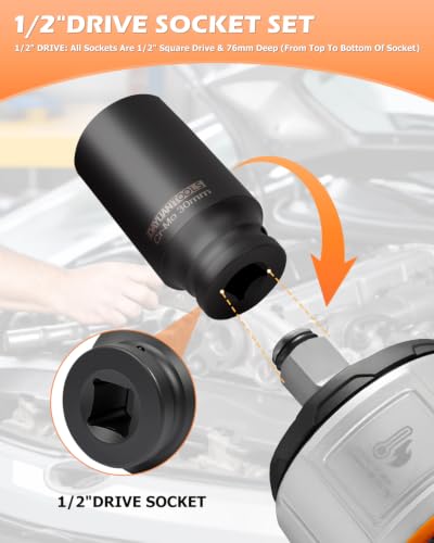 DAYUAN 9 Pcs Axle Nut Hub Impact 1/2" Drive Deep Impact Socket - Product Imagery