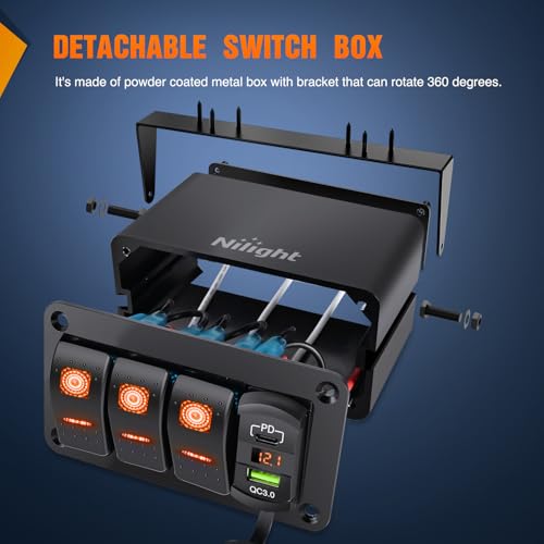 Nilight 3 Gang Rocker Switch Box 12V SPST ON Off Orange LED - Product Imagery