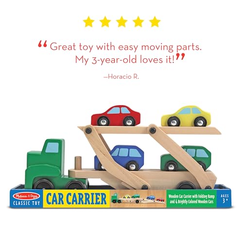 Melissa & Doug Car Carrier Truck and Cars Wooden Toy Set with 1 - Product Imagery