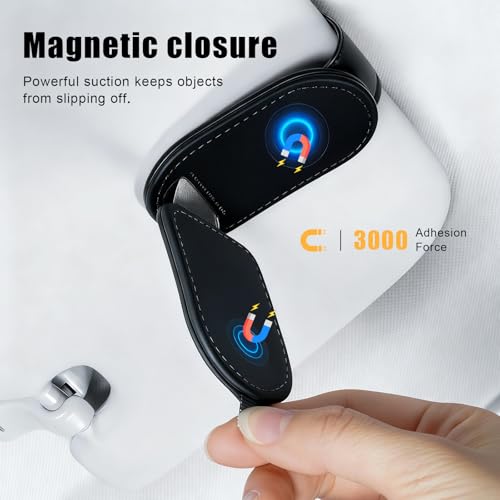 Sunglass Holder for Car Visor, Magnetic Leather Eyeglass Holder, - Product Imagery