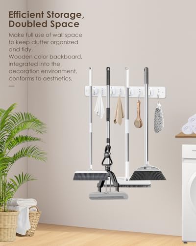 AceMining White Broom Holder Wall Mount, 4 Holders 4 Hooks Mop - Product Imagery
