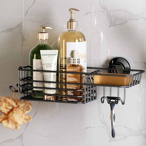 TAILI Shower Caddy Suction Cup with Hooks and Soap holder, Black - Product Imagery