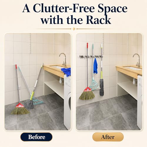 voze 5 Racks and 4 Hooks Mop and Broom Holder Wall Mount, Self - Product Imagery