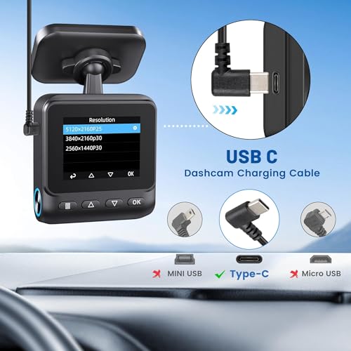 EWAY USB C Dash Cam Power Cord (13FT/4M), 90 Degree USB-A 2.0 to - Product Imagery