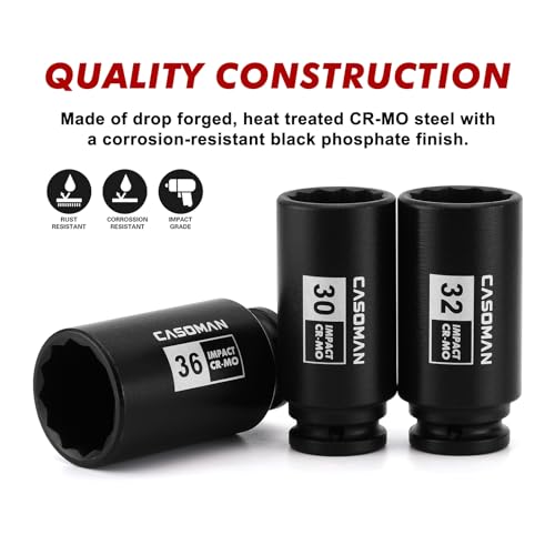 CASOMAN 1/2-Inch Drive Deep Spindle Axle Nut Impact Socket - Product Imagery
