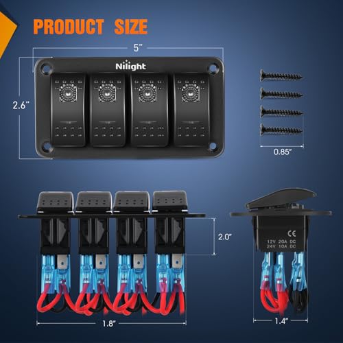Nilight 4 Gang Rocker Switch Panel w/Purple LED Light 5Pin On - Product Imagery