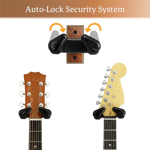 Onmiwod Guitar Wall Mount, Auto Lock Walnut Wood Guitar Hanger, - Product Imagery