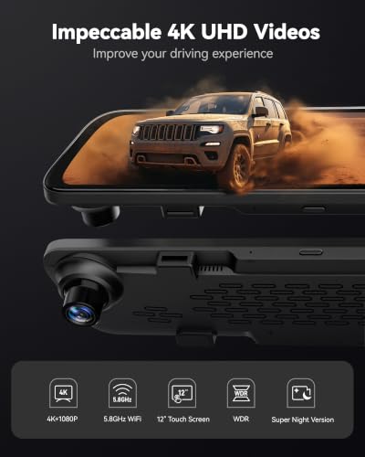 WOLFBOX G840S 12" 4K Mirror Dash Cam Backup Camera with 32GB - Product Imagery