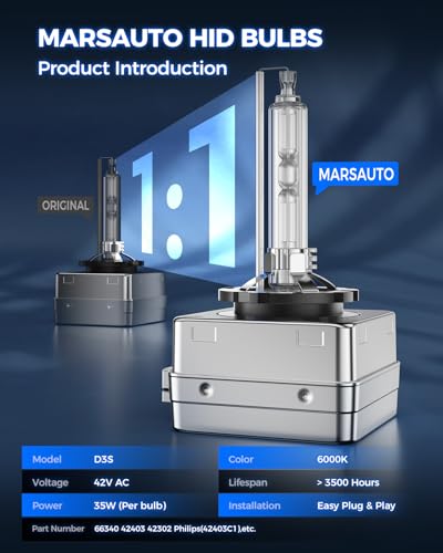 Marsauto D3S HID Bulbs, 6000K Cold White, Xenon D3S HID Bulb, - Product Imagery