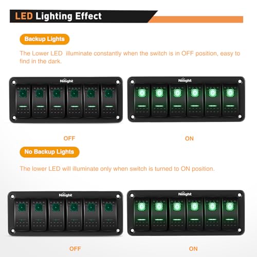 Nilight 6 Gang Rocker Switch Panel SPST On Off 5PIN Electrical - Product Imagery