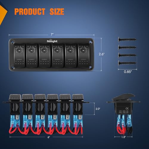 Nilight 6 Gang Rocker Switch Panel w/Purple LED Light 5Pin On - Product Imagery