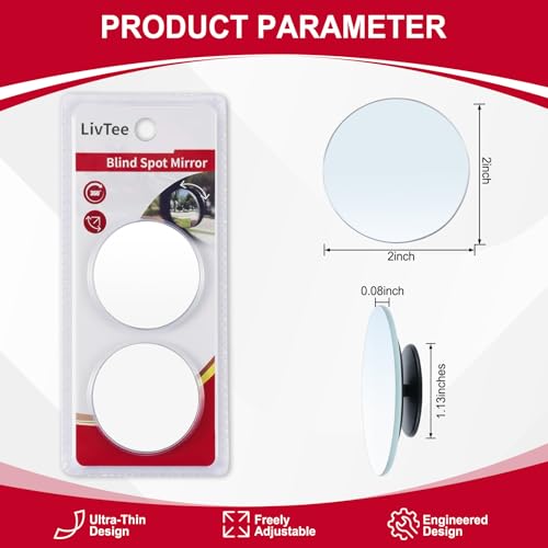 LivTee Blind Spot Mirror, 2" Round HD Glass Frameless Convex - Product Imagery