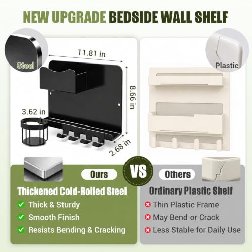 Floating Bedside Wall Shelf, Metal Wall Organizer with - Product Imagery