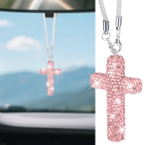 BFXM Cross for Car Mirror Hanging, Pink Bling Cars Pendant Charm - Product Imagery