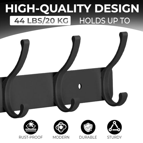 Wall Mount Coat Rack 2 Pack, Black Coat Hooks Hanger with 6 - Product Imagery