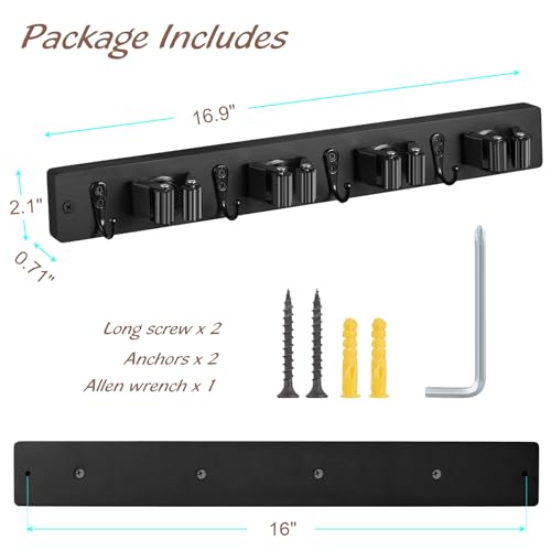 OUTNILI Black Mop Broom Holder Wall Mount with 4 Slots & 4 Hooks - Product Imagery