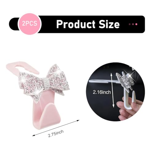 2 PCS Bling Car Seat Headrest Hooks, Rhinestone 3D Bow Hanging - Product Imagery