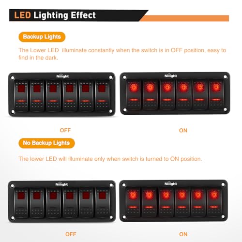 Nilight 6 Gang Rocker Switch Panel SPST On Off 5PIN Electrical - Product Imagery