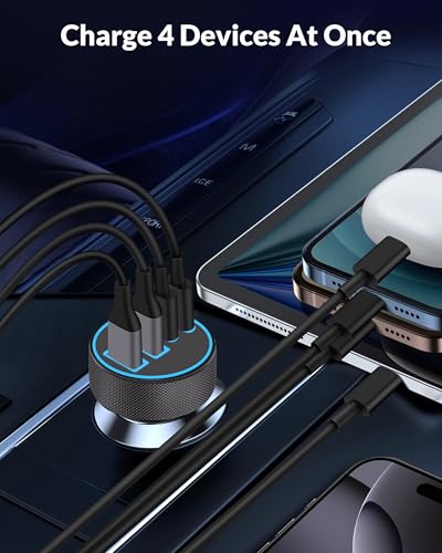 USB C Car Charger, 4-Port 90W Super Fast Charging Cigarette - Product Imagery