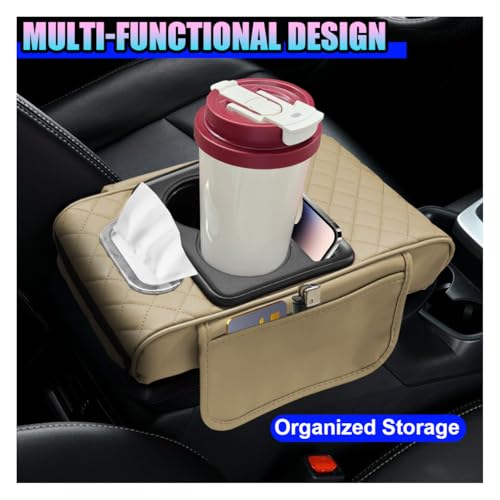 Leather Car Center Console Cover, Armrest Booster Cushion, Beige - Product Imagery