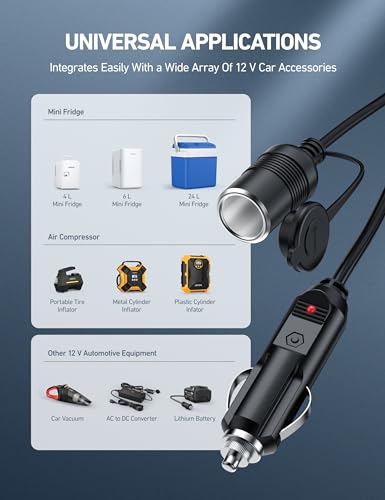 AstroAI 12Ft/12V Cigarette Lighter Cord, 120W/15A Male to Female - Product Imagery