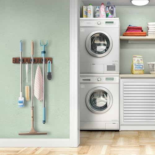 OUTNILI Mop Broom Holder Wall Mount with 3 Slots & 4 Hooks - - Product Imagery