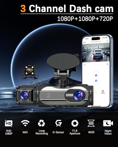 Dash Cam Front and Rear, 1080P Dash Camera for Cars, 3 Channel - Product Imagery