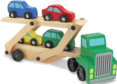Melissa & Doug Car Carrier Truck and Cars Wooden Toy Set with 1 - Product Imagery