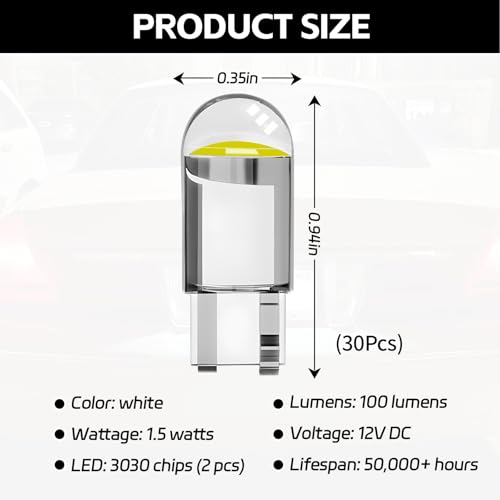 30PCS 194 LED Bulbs, T10 168 W5W Interior Light Replacement - Product Imagery