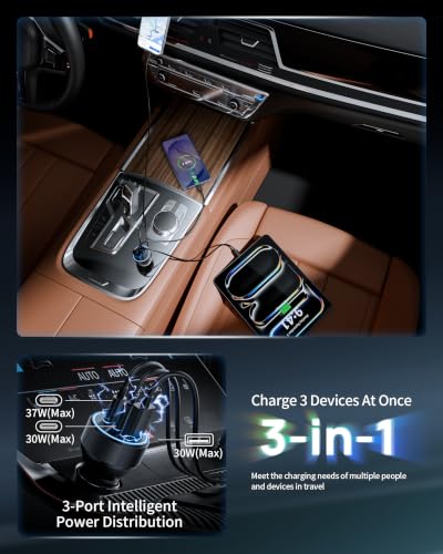 Car Charger USB C, 3 Port 67W Dual USB-C & USB-A Car Phone - Product Imagery