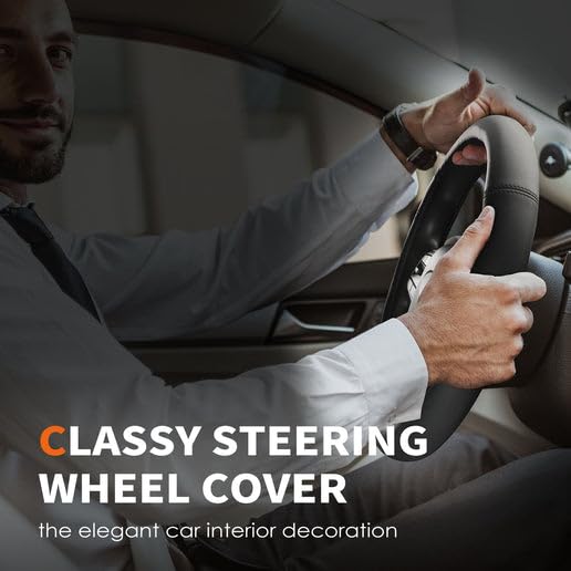 HOTOR Car Leather Steering Wheel Cover, Universal 14.5"-15",Black - Product Imagery