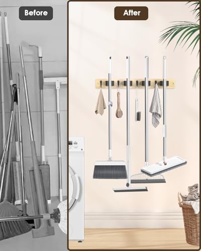 AceMining Light Wood Broom Holder Wall Mount, 4 Holders 4 Hooks - Product Imagery
