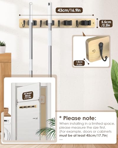 AceMining Light Wood Broom Holder Wall Mount, 4 Holders 4 Hooks - Product Imagery