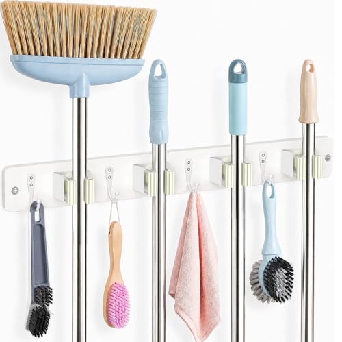 AceMining White Broom Holder Wall Mount, 4 Holders 4 Hooks Mop - Product Imagery