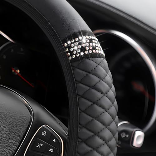 Osilly 15 Inch Rhinestone Leather Steering Wheel Cover, Black - Product Imagery