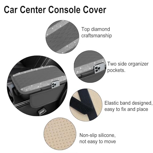 NBTEPEM Bling Grey Car Center Console Cover, Leather Car Arm - Product Imagery
