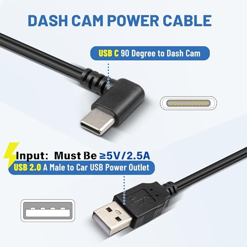 EWAY USB C Dash Cam Power Cord (13FT/4M), 90 Degree USB-A 2.0 to - Product Imagery