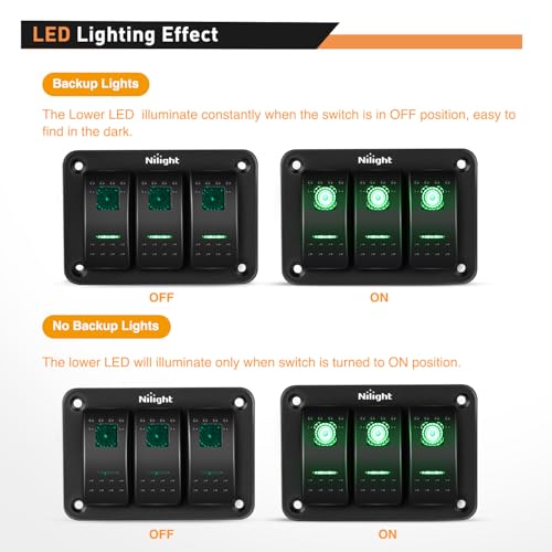 Nilight 3 Gang Rocker Switch Panel SPST On Off 5PIN Electrical - Product Imagery
