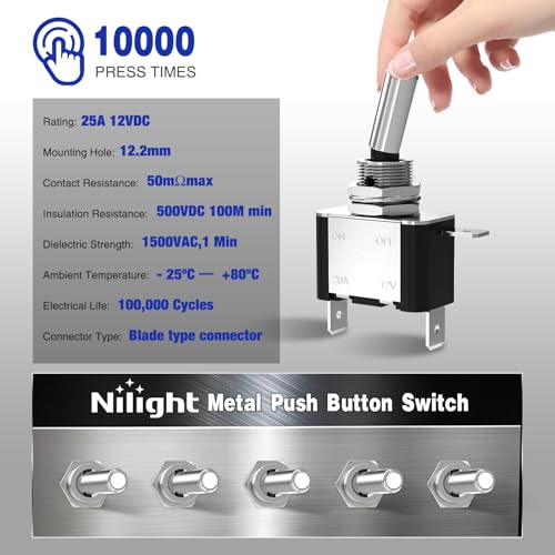 Nilight 3 Pack LED Toggle Switches 20A SPST On Off 3Pin Rocker - Product Imagery