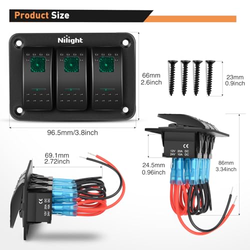 Nilight 3 Gang Rocker Switch Panel SPST On Off 5PIN Electrical - Product Imagery