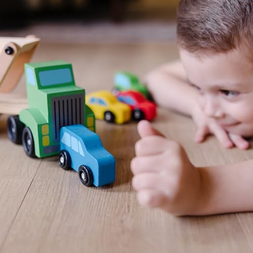 Melissa & Doug Car Carrier Truck and Cars Wooden Toy Set with 1 - Product Imagery