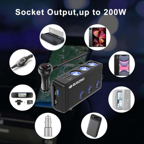 EUGIZMO 7 in 1 Cigarette Lighter Splitter,3 Socket 200W Car - Product Imagery