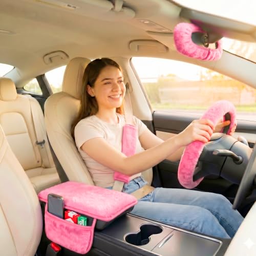 5 Pcs Fuzzy Pink Color Car Accessories Set, Soft Fluffy Plush - Product Imagery