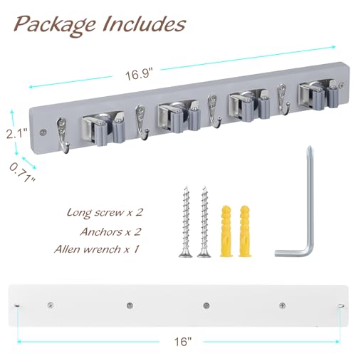 OUTNILI Gray Mop Broom Holder Wall Mount with 4 Slots & 4 Hooks - Product Imagery