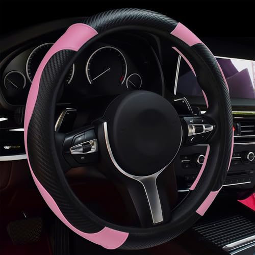 Leather Car Steering Wheel Cover, 15 Inch Anti-Slip Carbon Fiber - Product Imagery