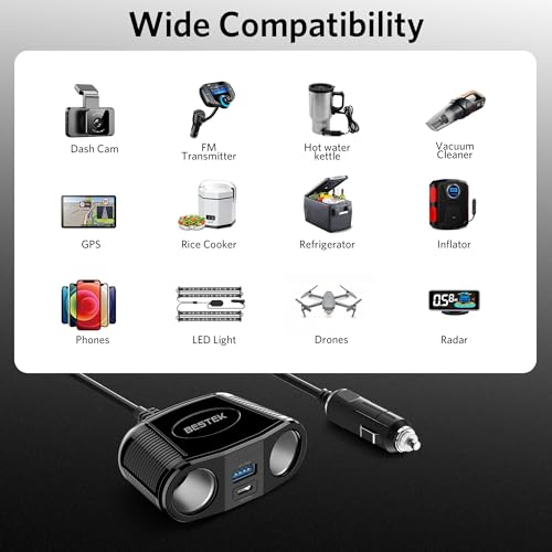 BESTEK 150W 4 in 1 Cigarette Lighter Splitter with USB-C PD 30W - Product Imagery