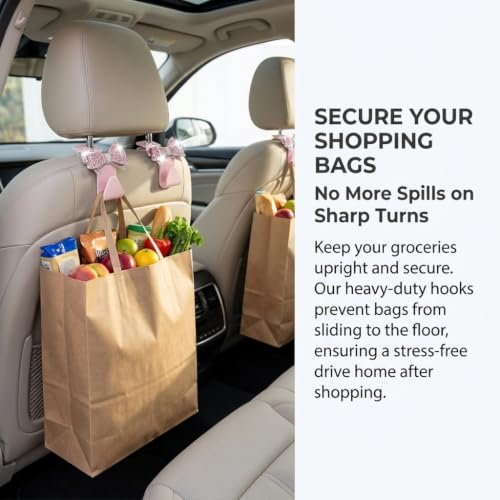 2 PCS Bling Car Seat Headrest Hooks, Rhinestone 3D Bow Hanging - Product Imagery