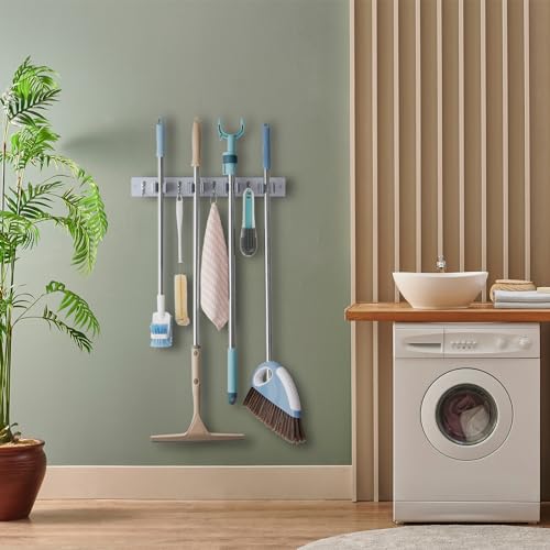OUTNILI Gray Mop Broom Holder Wall Mount with 4 Slots & 4 Hooks - Product Imagery