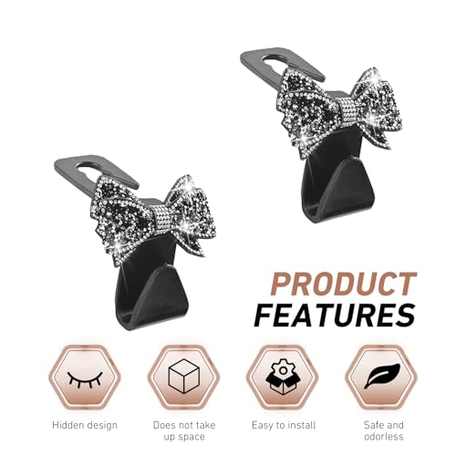 WZP 2PCS Bling Car Seat Headrest Hooks, Cute Bow Crystal - Product Imagery